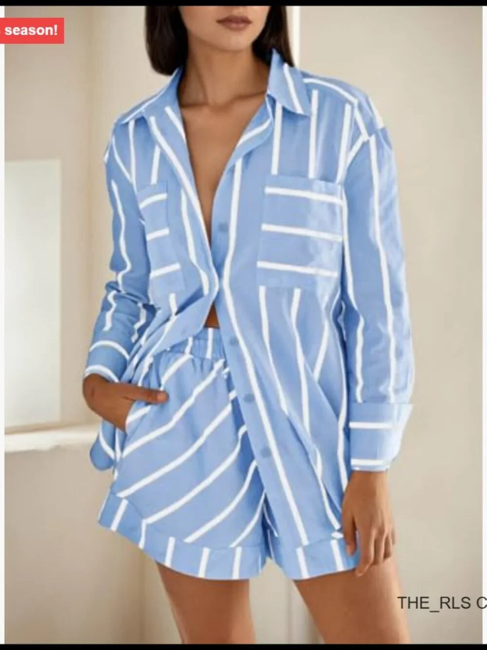 Striped Button Down Shirt and Shorts Matching Set, Polyester Elastane